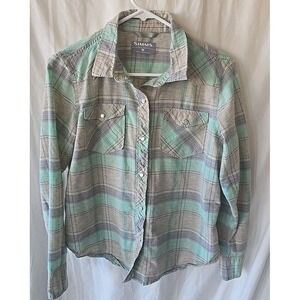 Simms Women's Pearl Snap Button Up Fishing Shirt Top Western Plaid Outdoors Sz M